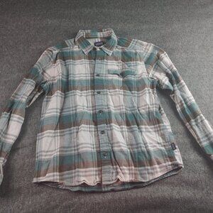 Patagonia Mens M Organic Cotton Flannel Teal Brown Plaid Long Sleeve Western